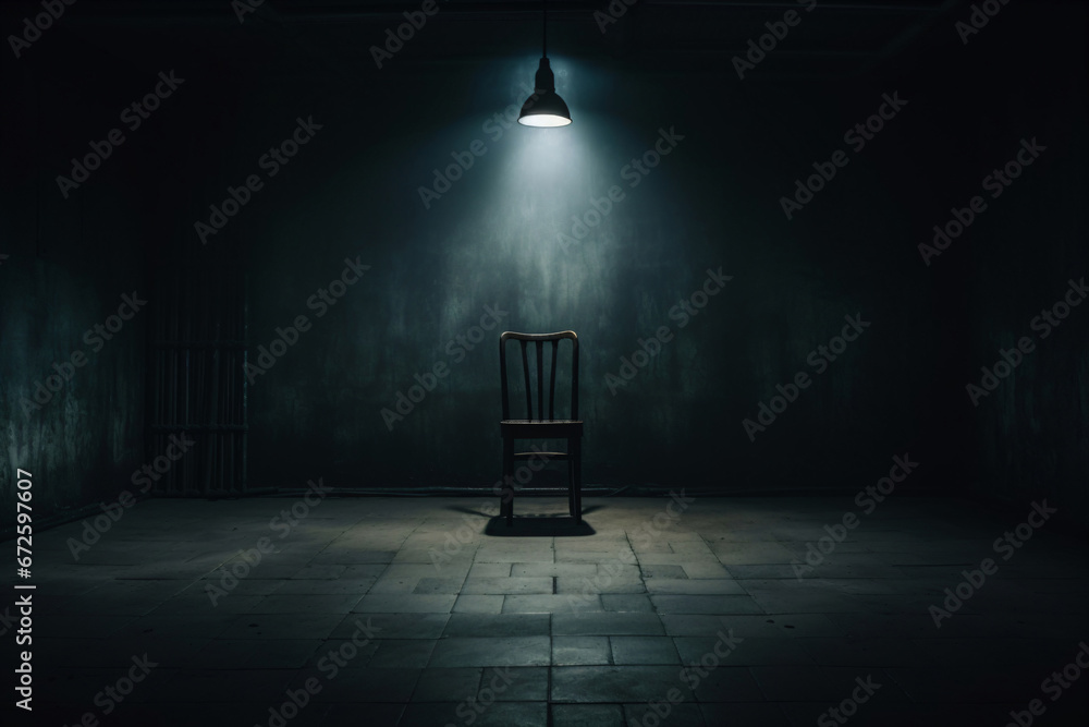 single chair in a dark room like a torture chamber or interrogation room, banner, header, wallpaper - obrazy, fototapety, plakaty 
