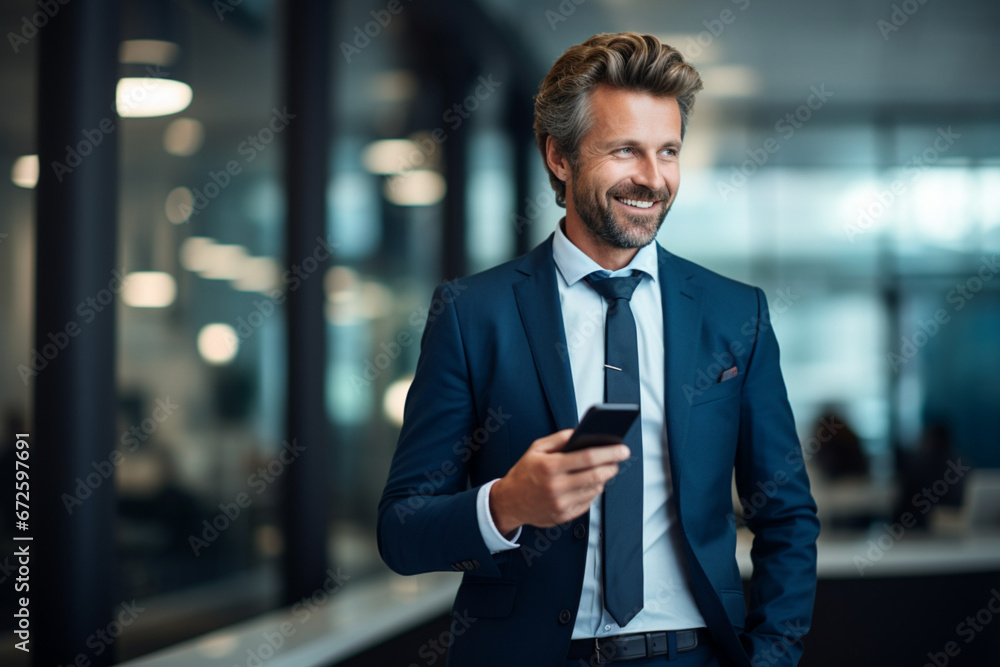 portrait of a businessman holding smart phone with a smiley face and wearing a beautiful suit