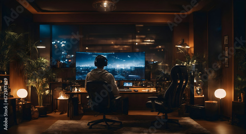 A beautiful gamer's room with professional layout and cinematic interior design, large monitor, practical light © Mahdi Langari