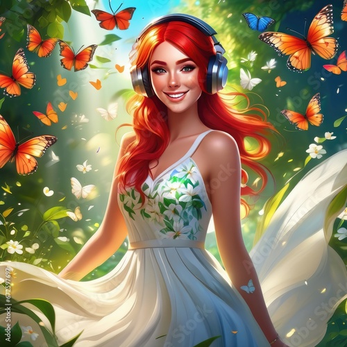 A red-haired girl and butterflies. A girl with headphones listening to music, laughing surrounded by butterflies. The girl is in love, Butterflies in her stomach. Concept- falling in love