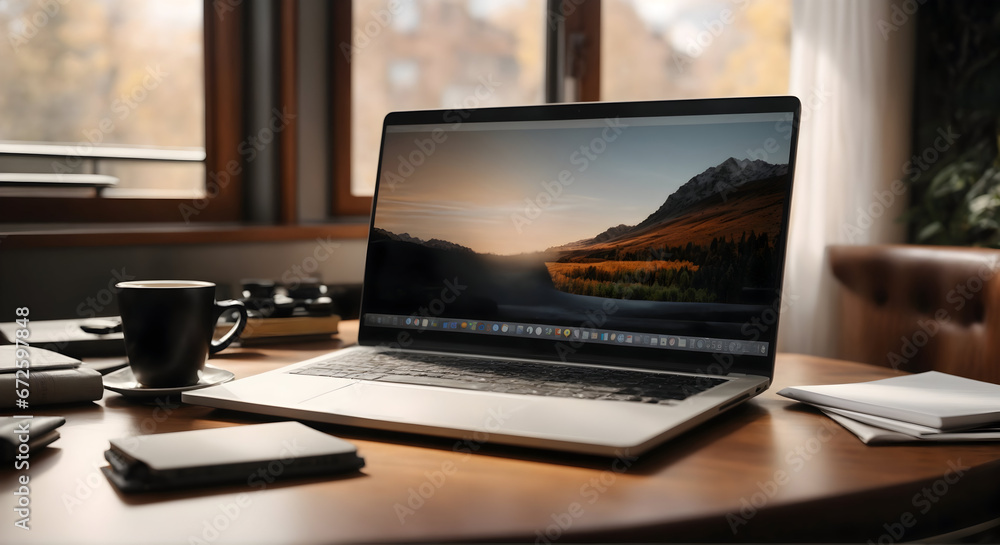 Modern laptop on table with cup and window view Modern laptop on table with cup and window view