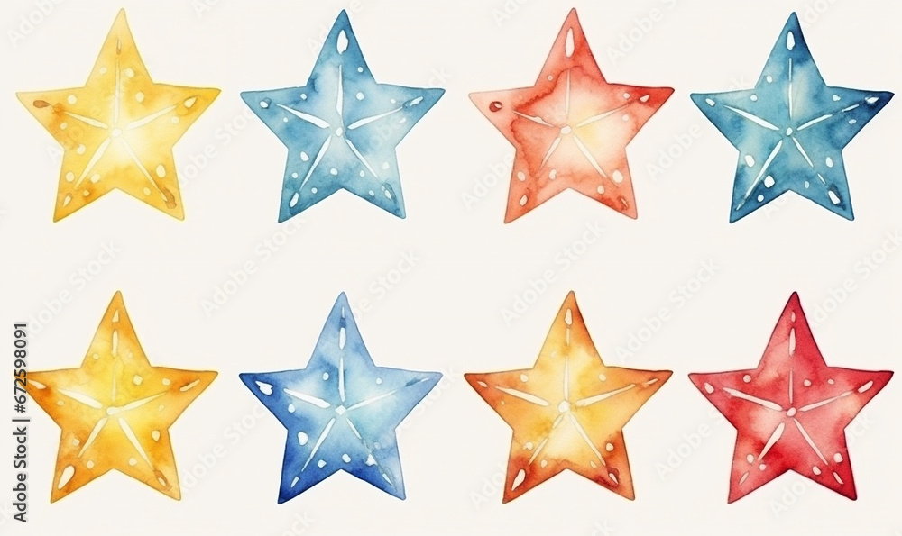 Set of cartoon aquarel Christmas stars for greeting card or stickers. Water color illustration collection of colorful abstract stars of various colours. Clipart elements for creative design, template.