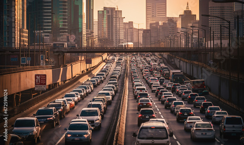 city skyline with traffic jam