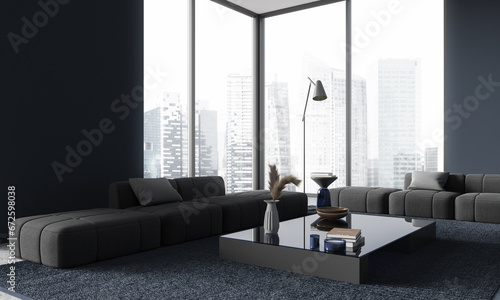 Dark blue home living room interior with sofa and decoration  panoramic window