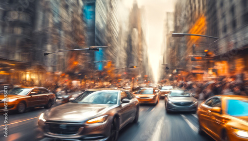 A motion-blurred capture of a city street filled with cars and buildings under a hazy orange sky in New York, Manhattan.
