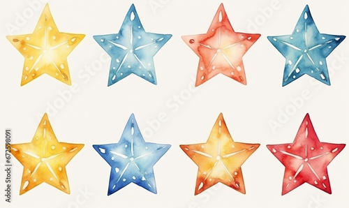 Set of cartoon aquarel Christmas stars for greeting card or stickers. Water color illustration collection of colorful abstract stars of various colours. Clipart elements for creative design, template.