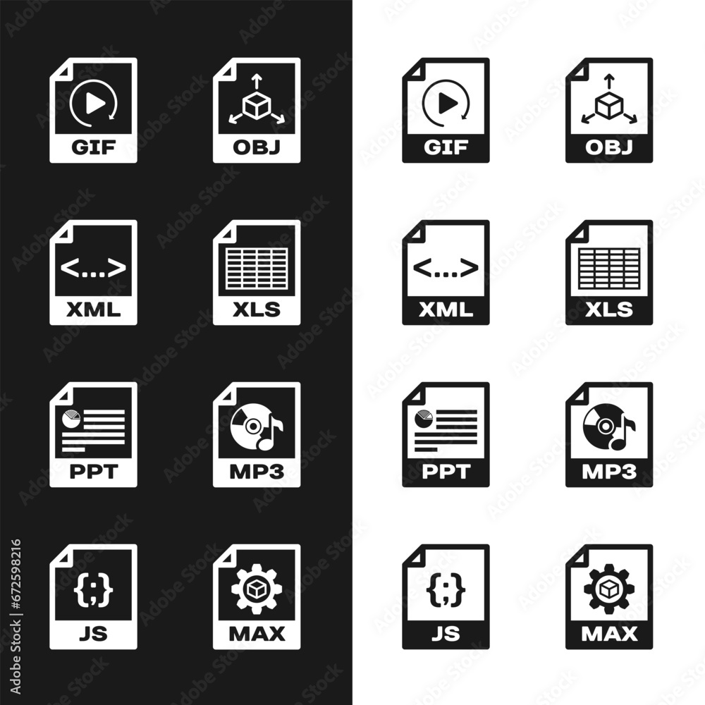 Set XLS file document, XML, GIF, OBJ, PPT and MP3 icon. Vector Set XLS file document, XML, GIF, OBJ, PPT and MP3 icon. Vector