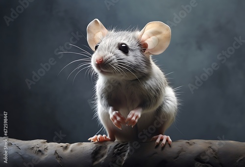 Gray rat on a piece of wood on a dark background
