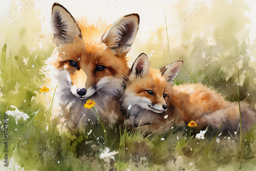 Mother red fox and her newborn red fox cubs watercolor