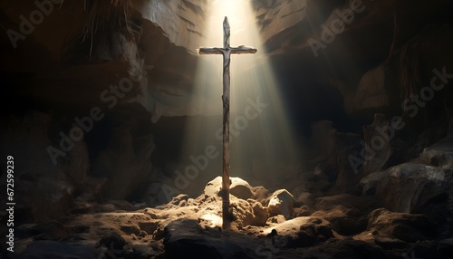 Cross in the cave. 3d rendering. Computer digital drawing.