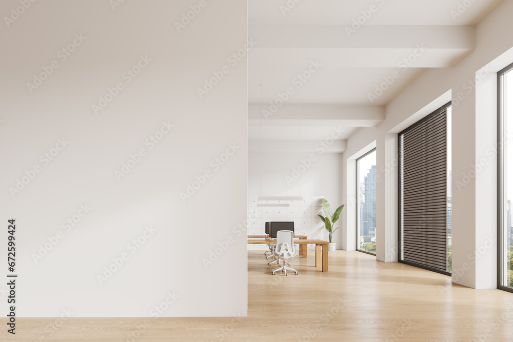 Naklejka premium Cozy workspace interior with pc desktop on table in row, window. Mock up wall