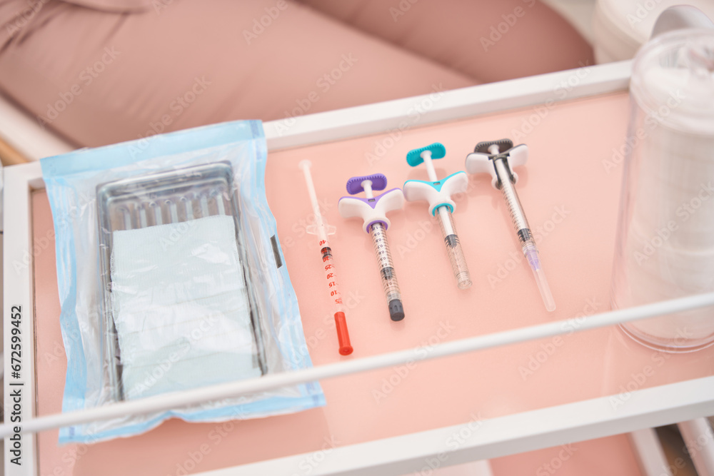 Small injection table is located at the cosmetologists workplace Stock ...
