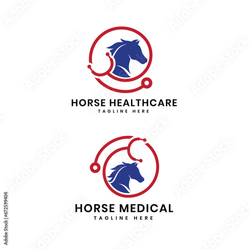 Horse doctor or Horse medical logo design creative concept for animal healthcare with horse and stethoscope