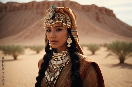 Portrait of a woman in South Asian attire with a regal headpiece, set in a desert landscape, her gold saree and jewellery symbol of wealth and status.