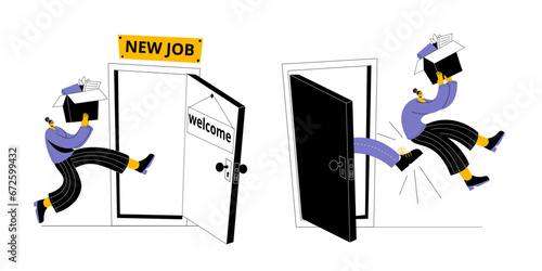 The girl with the box happily goes to a new job. The girl is fired from her job. Vector illustration in cartoon style on the topic of transition to a new job and dismissal. An open door.