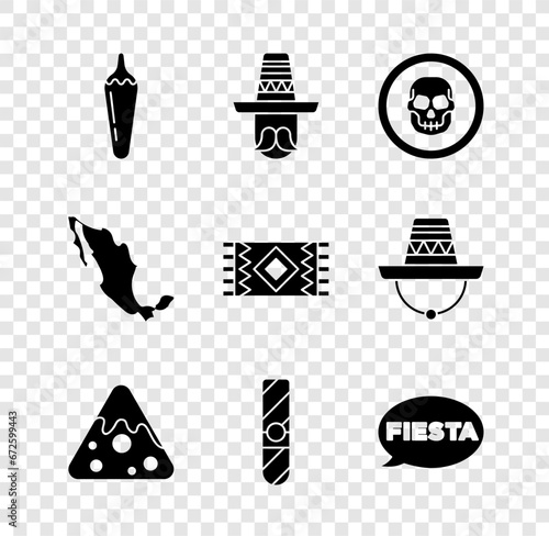 Set Hot chili pepper pod, Mexican man sombrero, skull coin, Nachos, Cigar, Fiesta, Map of mexican and carpet icon. Vector