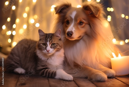 Shetland Sheepdog and cat together in front of Christmas lights