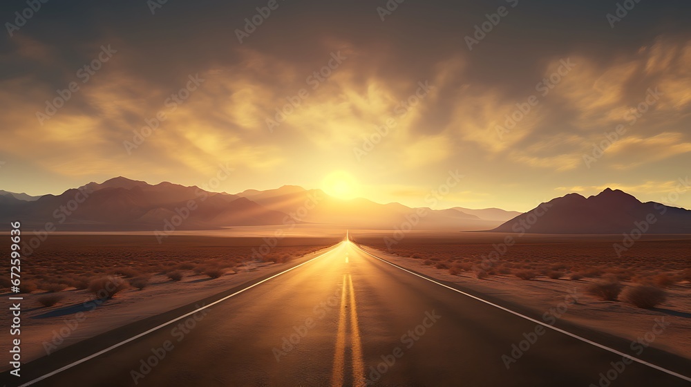 Asphalt road in the desert at sunset. 3D rendering.