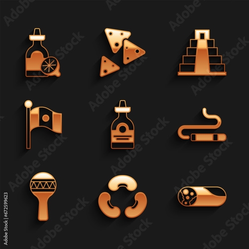 Set Tequila bottle, Beans, Burrito, Cigar, Maracas, Mexico flag, Chichen Itza in Mayan and with lemon icon. Vector