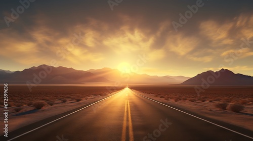 Asphalt road in the desert at sunset. 3D rendering.