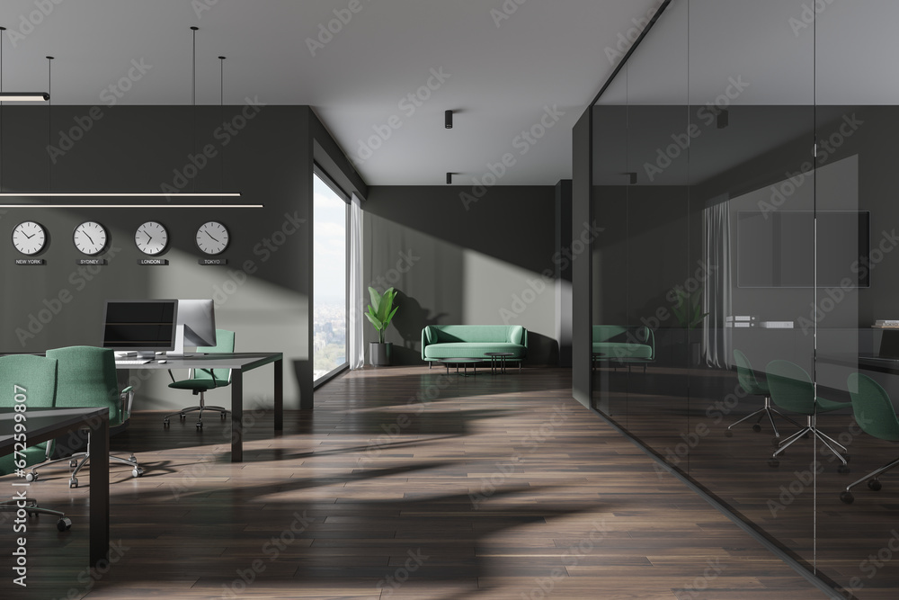 Dark gray open space office interior with clocks Dark gray open space office interior with clocks