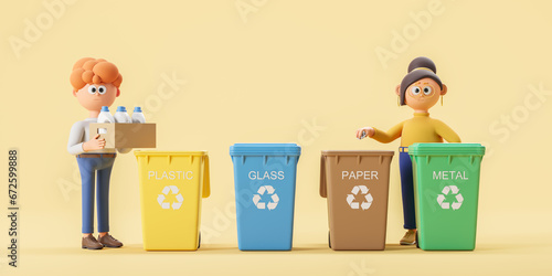 Cartoon people sorting waster into colorful cans for different types of garbage
