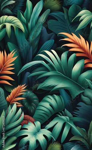 Design for a wallpaper with tropical foliage and trees . Generative AI