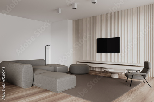 Stylish home living room interior with tv and sofa with armchairs, relax place