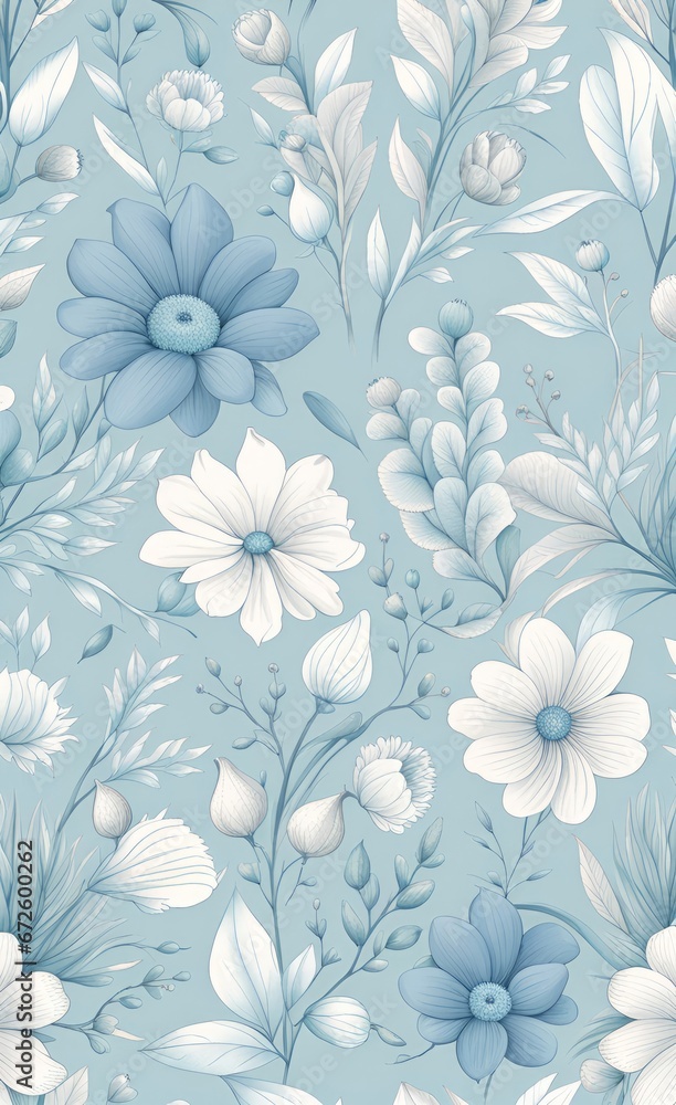 Floral decorative wallpaper in pastel blue tone. Delicate, light-toned pattern with botanical elements. Nature-inspired poster for accent wall. Wall decor and mural for nursery. Flowers, Generative AI