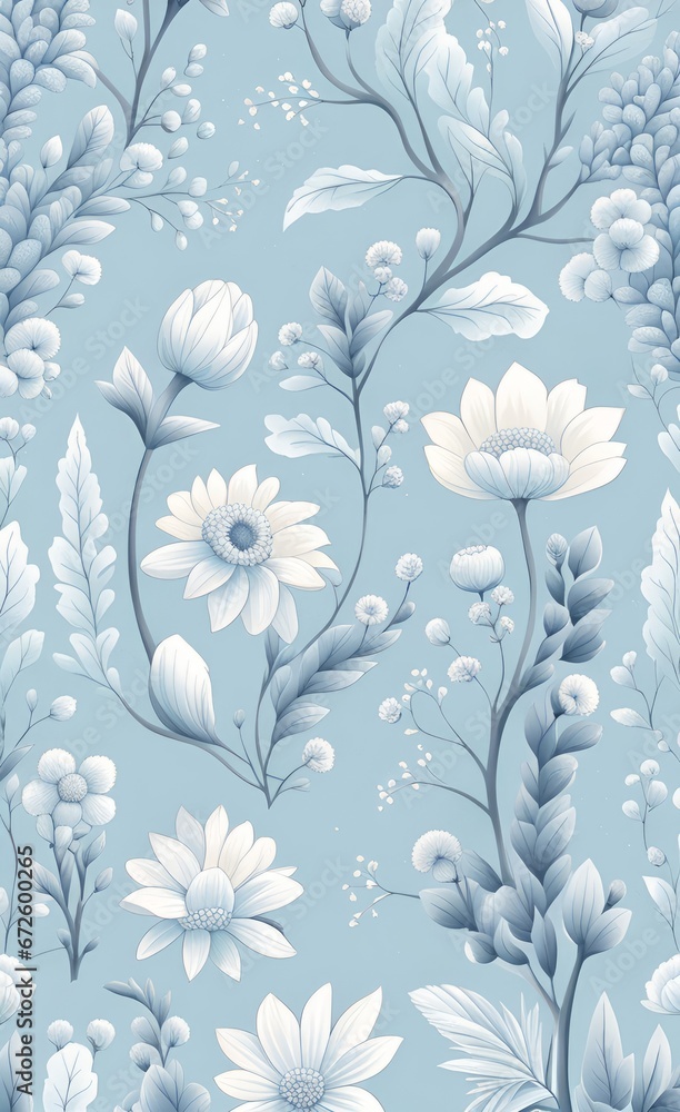Floral decorative wallpaper in pastel blue tone. Delicate, light-toned pattern with botanical elements. Nature-inspired poster for accent wall. Wall decor and mural for nursery. Flowers, Generative AI