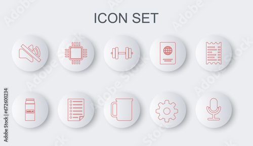 Set line Microphone, Paper package for milk, Dumbbell, Cogwheel gear settings, Speaker mute, Processor with CPU, Document and Coffee cup icon. Vector