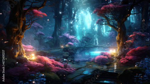 magical forest with pink blossom and enchanting lights