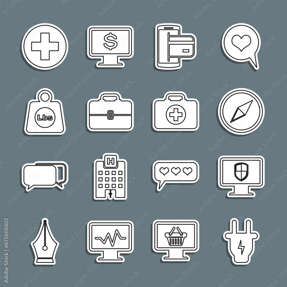 Set line Electric plug, Monitor and shield, Wind rose, NFC Payment, Toolbox, Weight pounds, Medical cross circle and First aid kit icon. Vector Set line Electric plug, Monitor and shield, Wind rose, NFC Payment, Toolbox, Weight pounds, Medical cross circle and First aid kit icon. Vector
