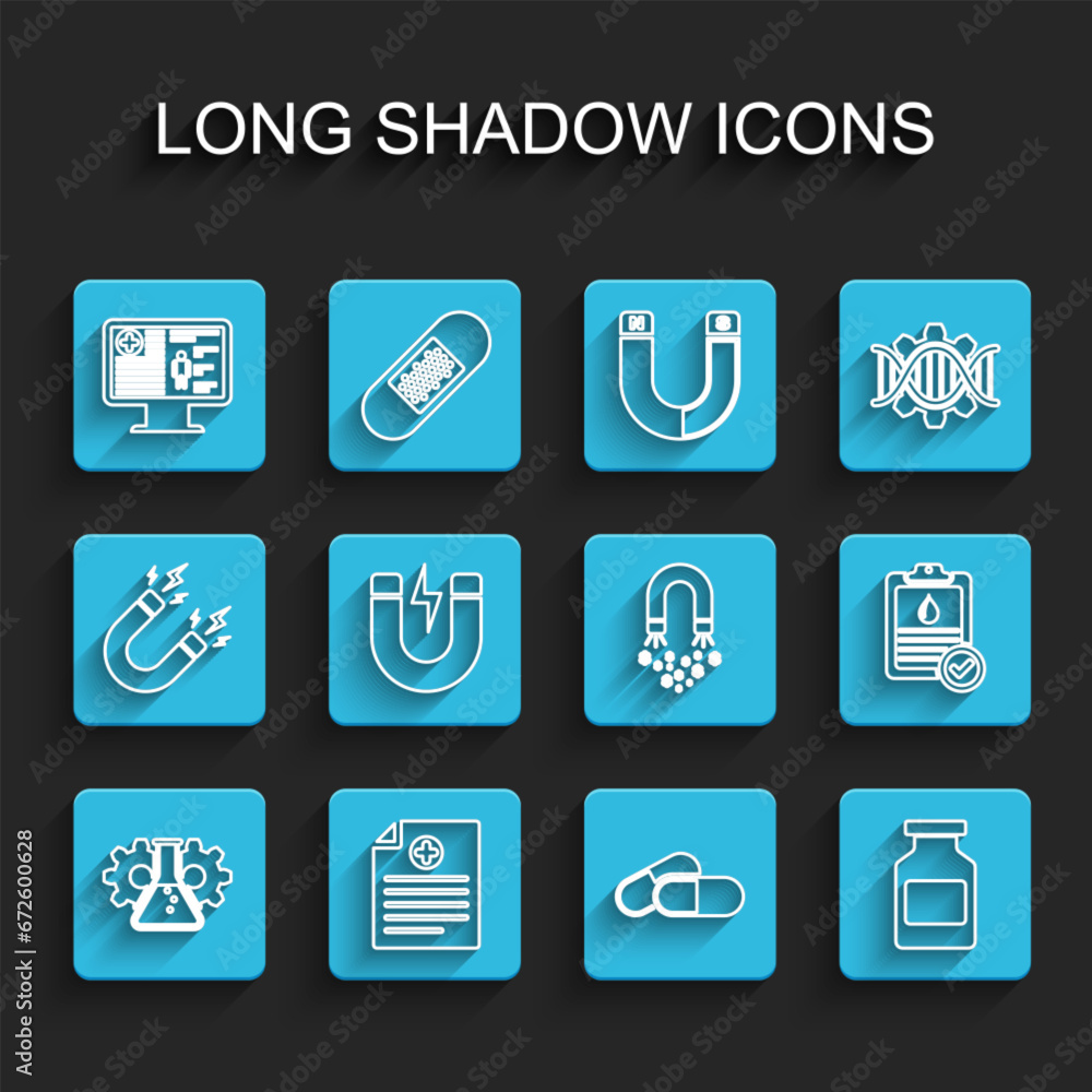 Set line Bioengineering, Clinical record, on monitor, Medicine pill tablet, bottle, Magnet with lightning, Clipboard blood test and money icon. Vector Set line Bioengineering, Clinical record, on monitor, Medicine pill tablet, bottle, Magnet with lightning, Clipboard blood test and money icon. Vector