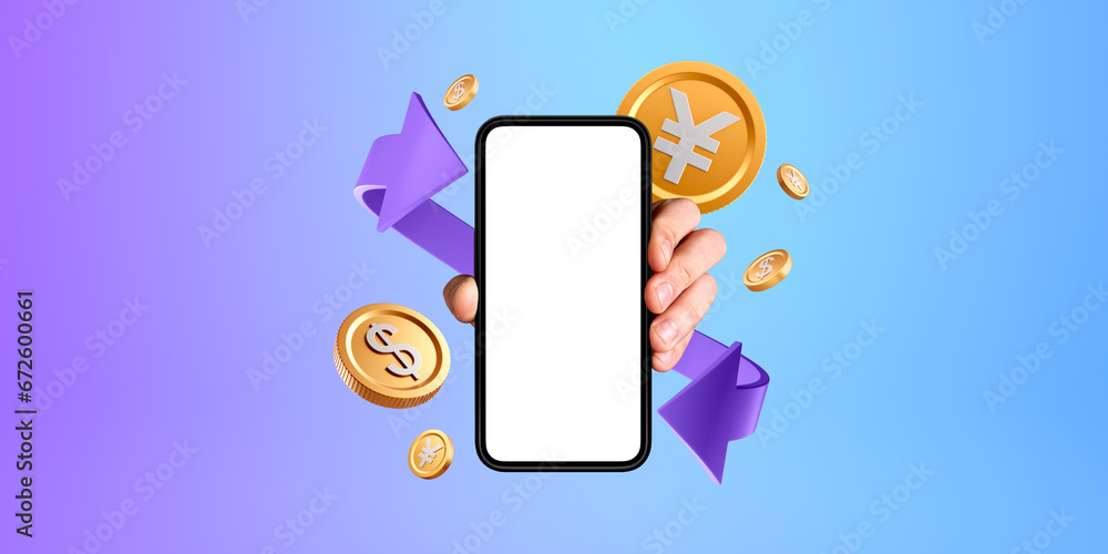 Φωτογραφία Hand with blank phone display and yen yuan dollar exchange icons