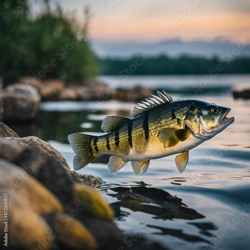AI generated illustration of a fish floating in the air over the lake water
