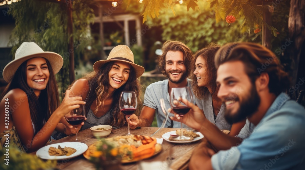 Happy friends having fun outdoor. Group of friends having backyard dinner party together. Young people sitting at bar table toasting wine glasses in vineyards garden. Generative Ai