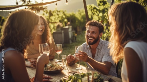 Happy friends having fun outdoor. Group of friends having backyard dinner party together. Young people sitting at bar table toasting wine glasses in vineyards garden. Generative Ai