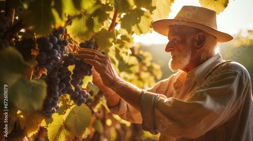 An elderly farmer stands and inspects the grapes in his farm.