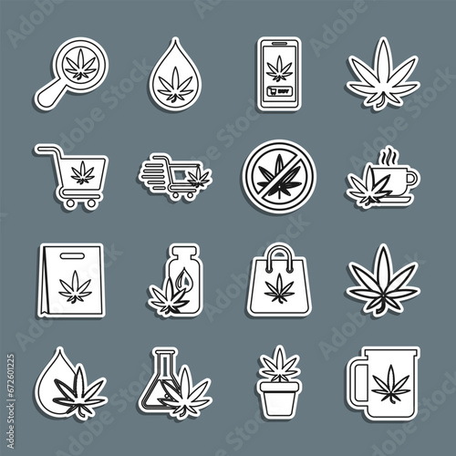 Set line Cup tea with marijuana, Marijuana or cannabis leaf, Online buying, Shopping cart, Magnifying glass and and Stop icon. Vector