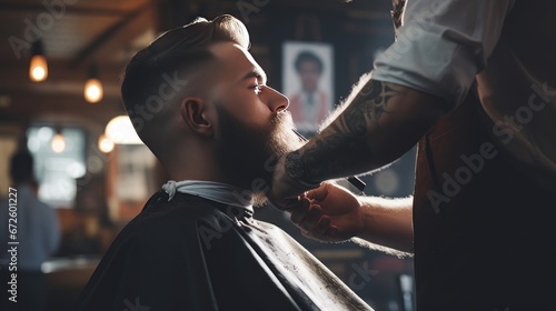 A barber uses golden clippers to trim a man's beard in a barber shop. photo