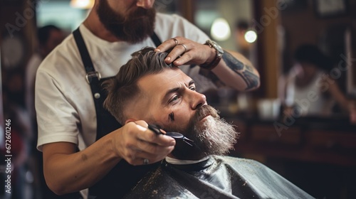 A barber uses golden clippers to trim a man's beard in a barber shop.