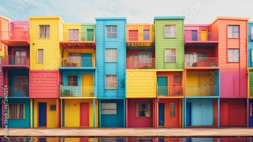 Group of contemporary apartment buildings featuring colorful and vibrant facades, AI-generated.