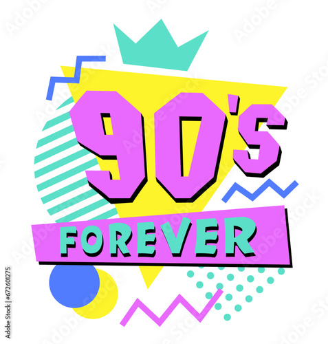 Colorful 90s logo vector flat illustration in pop art style. The 90s forever. Ninety years emblem numeral retro symbol isolated on white. Aesthetic background of fashion and graphics of the eighties