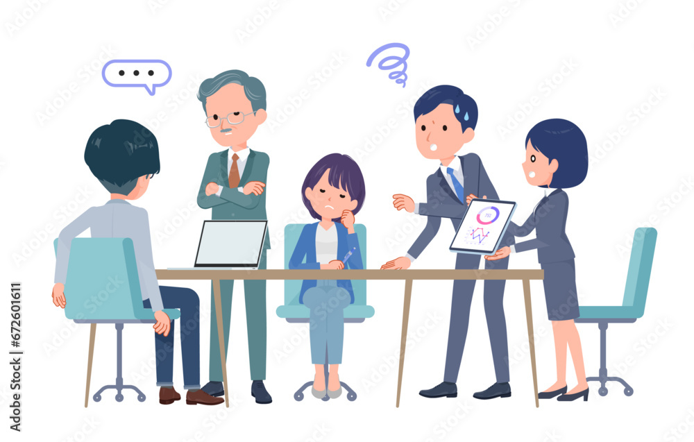 複数人で打ち合わせするビジネスシーン。悪印象。 複数人で打ち合わせするビジネスシーン。悪印象。