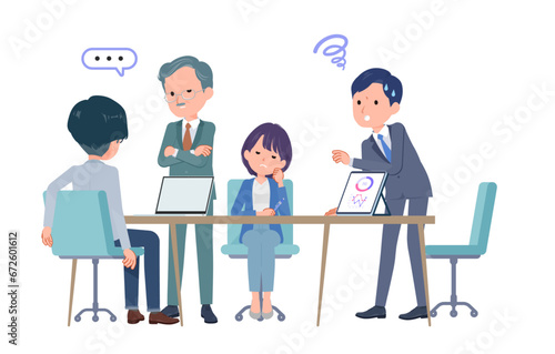 複数人で打ち合わせするビジネスシーン。悪印象。
