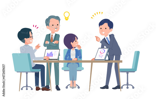 複数人で打ち合わせするビジネスシーン。好印象。