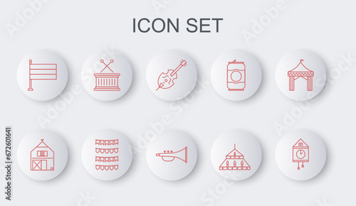 Set line Retro wall watch, Farm House, Violin, Massive steel chandelier, National Germany flag, Musical drum sticks, Carnival garland with flags and instrument trumpet icon. Vector