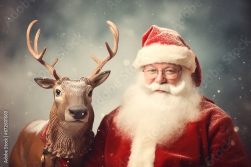 Funny Vintage smiling Santa Claus with a little deer studio Portrait on a snowy background. horizontal banner wallpaper emery christmas card, copy space for text © XC Stock