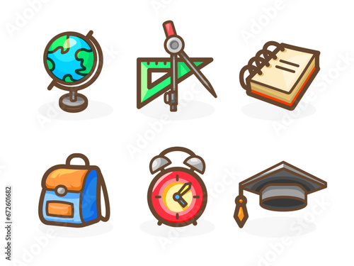 Game or just casual icons for your app. Bright remarkable UI elements. Good for animation. Graduation cap, alarm clock, backpack, ruler and others. Vector illustration for your business.